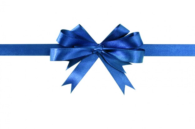 Royal blue gift ribbon bow straight horizontal isolated on white.