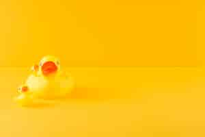 Free photo rubber duck and ducklings on yellow backdrop