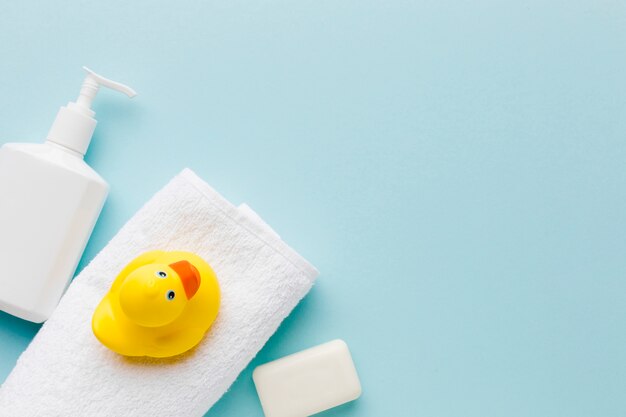 Rubber duck on towel copy space