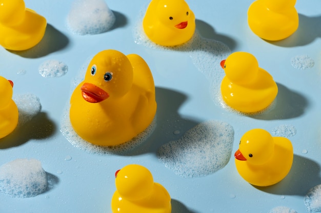 Free photo rubber ducks arrangement still life