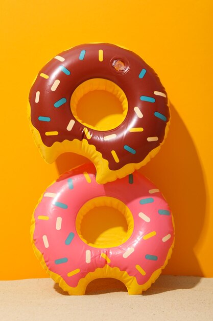 Rubber rings on sand against orange background