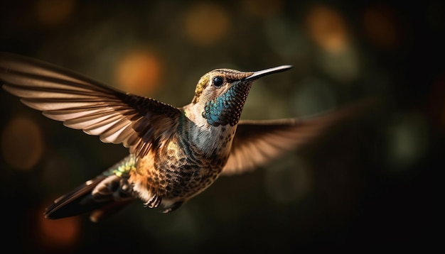 AI가 생성한 공중에서 날개를 퍼덕이는 Rufous Hummingbird