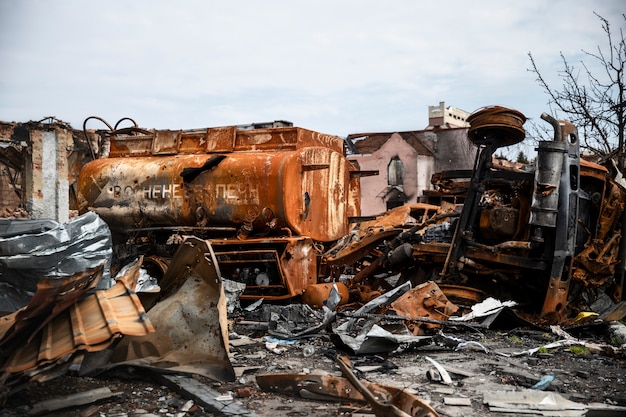 Free photo ruined vehicles russian's war in ukraine