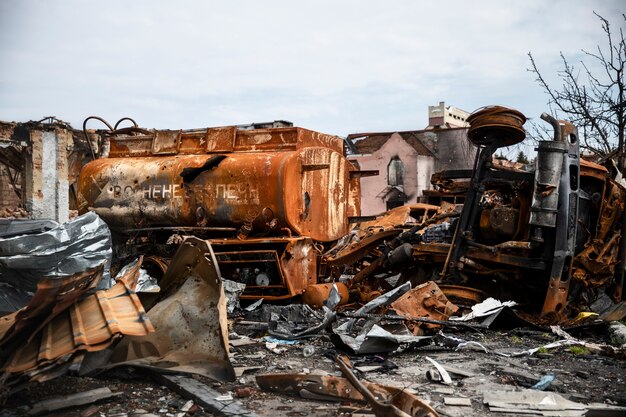 Ruined vehicles russian's war in ukraine