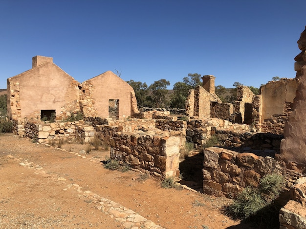 Ruins in the desert with  trees and a blue clear sky