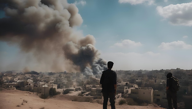 요르단 암만 의 오래된 도시 의 폐허 불타는 건물 에서 나오는 연기