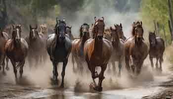 Free photo running herd of horses graze in meadow generated by ai