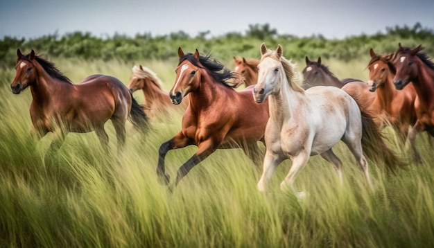Running thoroughbred stallion grazes in green meadow of rural farm generated by AI