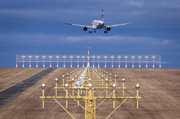 runway lights with landing airbus in vienna