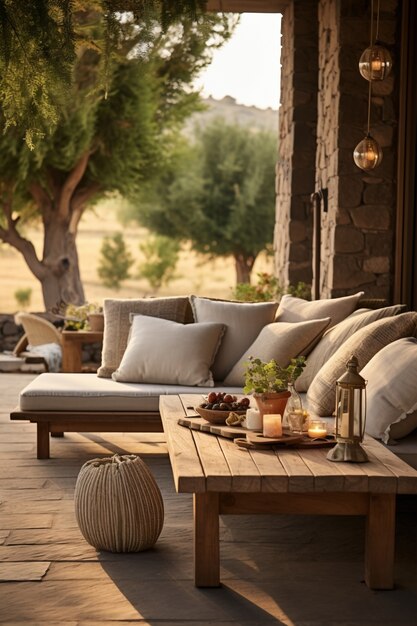 Rural patio with furniture and vegetation