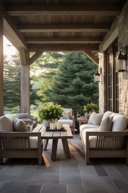 Rural patio with furniture and vegetation