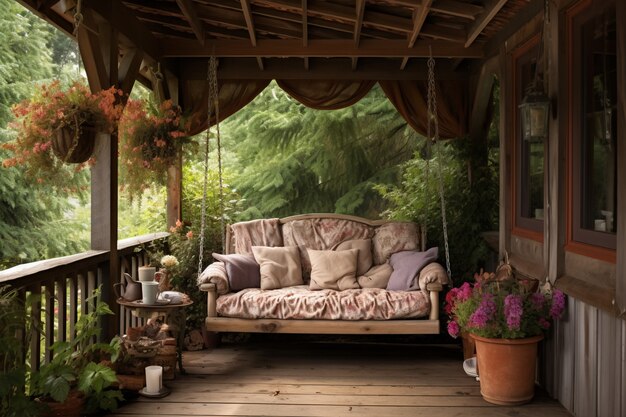 Rural patio with furniture and vegetation