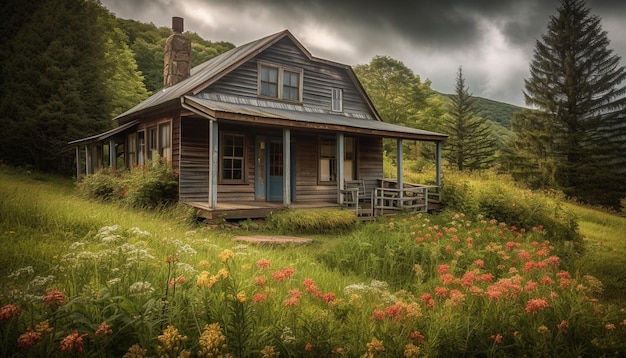 AI によって生成された牧草地の丸太小屋のある田園風景