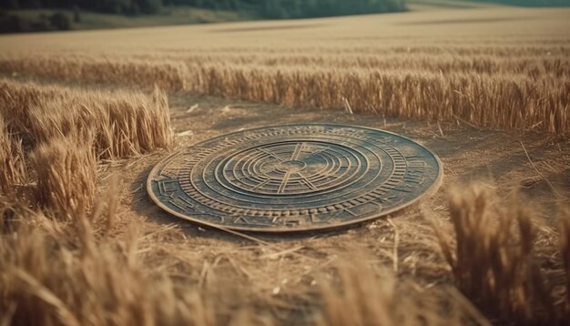 Сельская сцена со старой сельскохозяйственной техникой, пшеницей и желтым закатом, сгенерированная ИИ