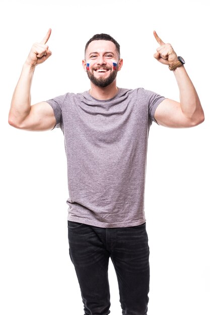 Russia win. Victory, happy and goal scream emotions of Russian football fan in game support of Russia national team on white background. Football fans concept.