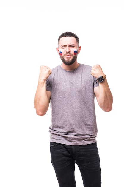 Russia win. Victory, happy and goal scream emotions of Russian football fan in game support of Russia national team on white background. Football fans concept.