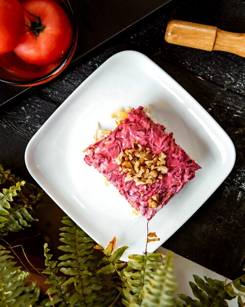 Russian traditional salad shuba with herring and beetroot