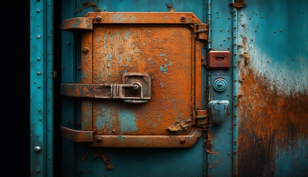 A rusted door with a lock on it