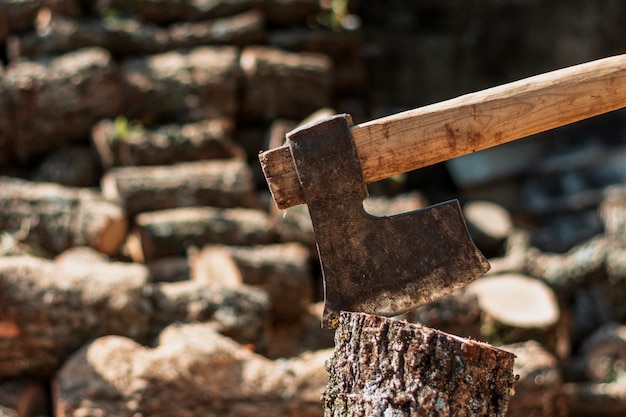 Rusted hatchet in a tree log