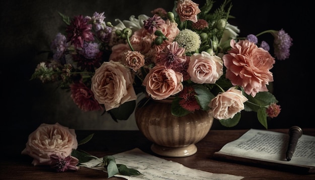 A rustic bouquet of fresh flowers on a wooden table generated by AI