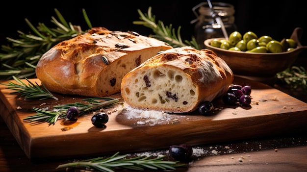 Free photo rustic bread loaf topped with olives and rosemary viewed from above