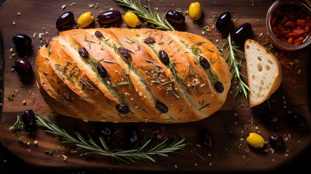 Free photo rustic bread loaf topped with olives and rosemary viewed from above