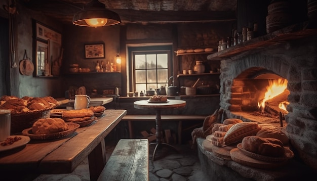 Rustic brick stove bakes homemade bread dinner generated by AI