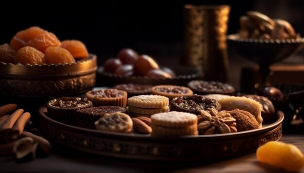 AI によって生成された木製のテーブルの上の素朴なチョコレート アーモンド クッキー
