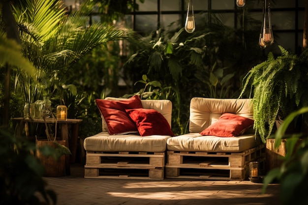 Rustic deck with patio furniture and vegetation