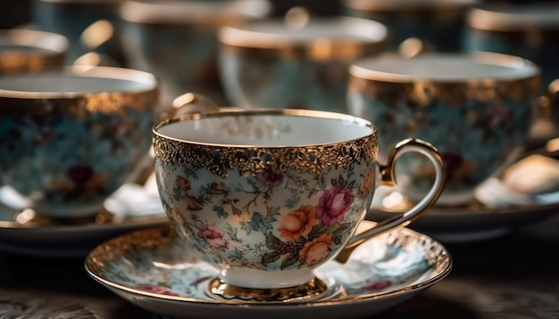 Rustic elegance old fashioned Turkish coffee set on ornate wooden table generated by AI