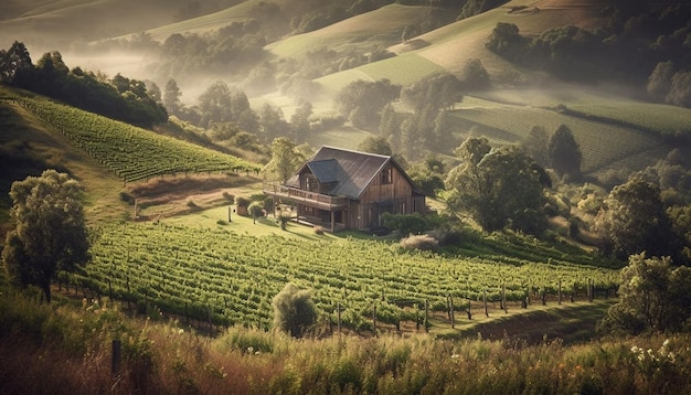 Rustic farmhouse in vineyard surrounded by nature generated by AI