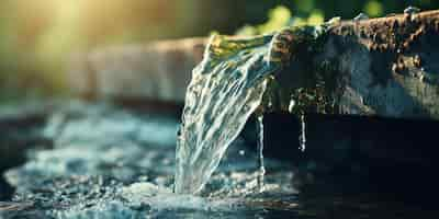 Free photo rustic faucet pours a clear stream contrasting with weathered green textures