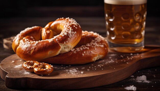 Rustic German lunch on wooden table beer included generated by AI