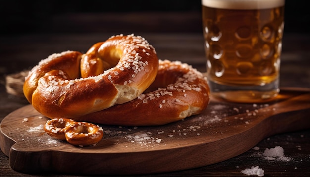 AIによって生成された木製のテーブルビールを含む素朴なドイツのランチ