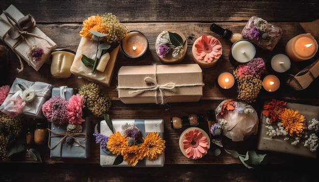 A rustic gift box with natural beauty products generated by AI