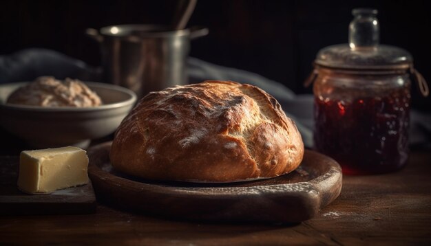 AI が生成したオーブンから焼きたての素朴な自家製パン