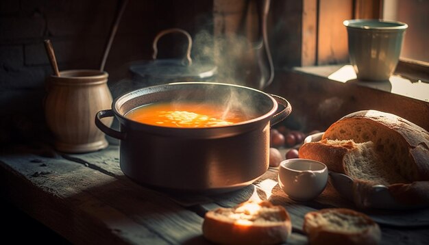 Деревенский домашний суп на деревянном столе Натюрморт, созданный ИИ