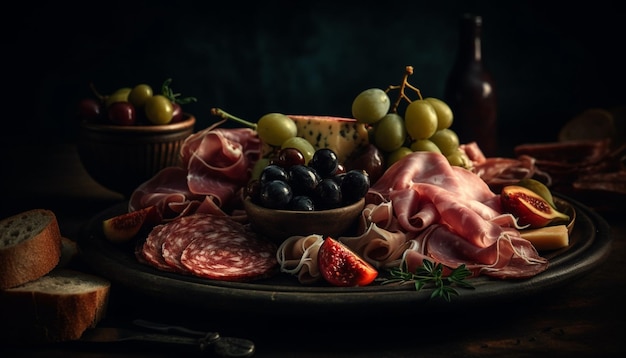 Free photo rustic italian appetizer plate prosciutto salami ciabatta wine generated by ai