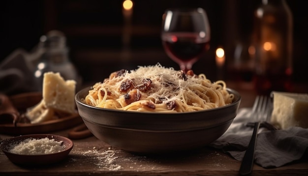Rustic Italian meal pasta meat and wine on wooden table generated by AI