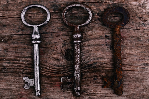 Rustic keys on wooden table