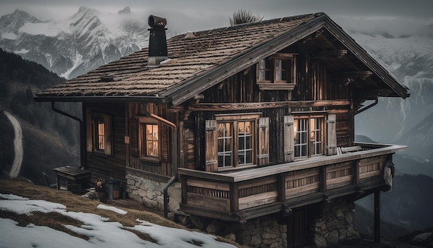 Деревенский бревенчатый домик в горном ландшафте, созданный искусственным интеллектом