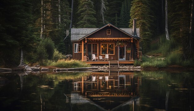 Rustic log cabin nestled in tranquil forest generated by AI