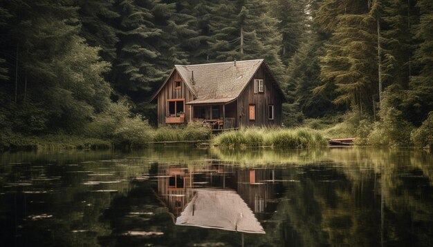 AI が生成した池のほとりの静かな山の風景に佇む素朴な丸太小屋