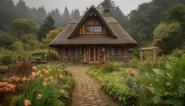 A rustic log cabin sits in the forest generated by AI