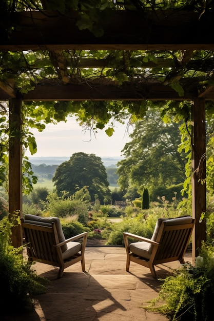 Free photo rustic patio furniture on house deck with vegetation