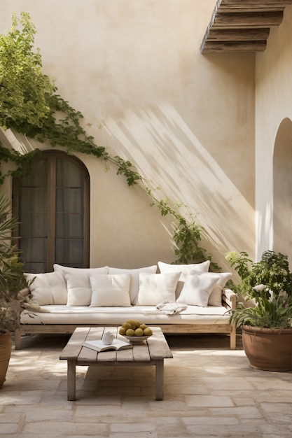 Rustic patio furniture on house deck with vegetation