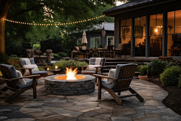 Rustic patio furniture on house deck with vegetation