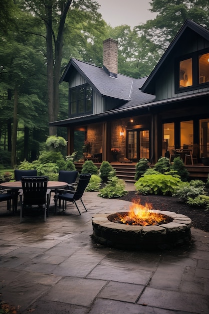 Rustic patio furniture on house deck with vegetation