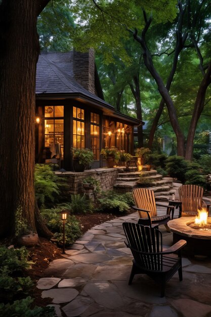 Rustic patio furniture on house deck with vegetation