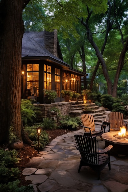 Rustic patio furniture on house deck with vegetation